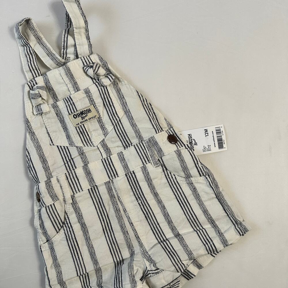 ❣️LOWEST PRICE❣️NWT OshKosh B'gosh White & Navy Striped Fabric Overalls Sz 12 Mo